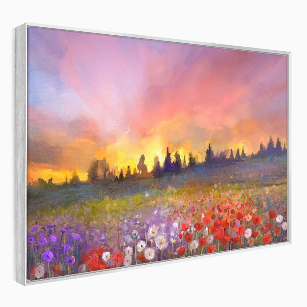 Tablou canvas cu tablou canvas cu camp cu flori si apus, in rama de aluminiu argintiu